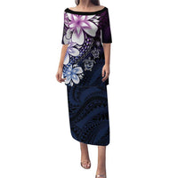 Polynesia Romantic Valentine Family Matching Puletasi and Hawaiian Shirt Sea Turtle Couple With Purple Gradient Plumeria