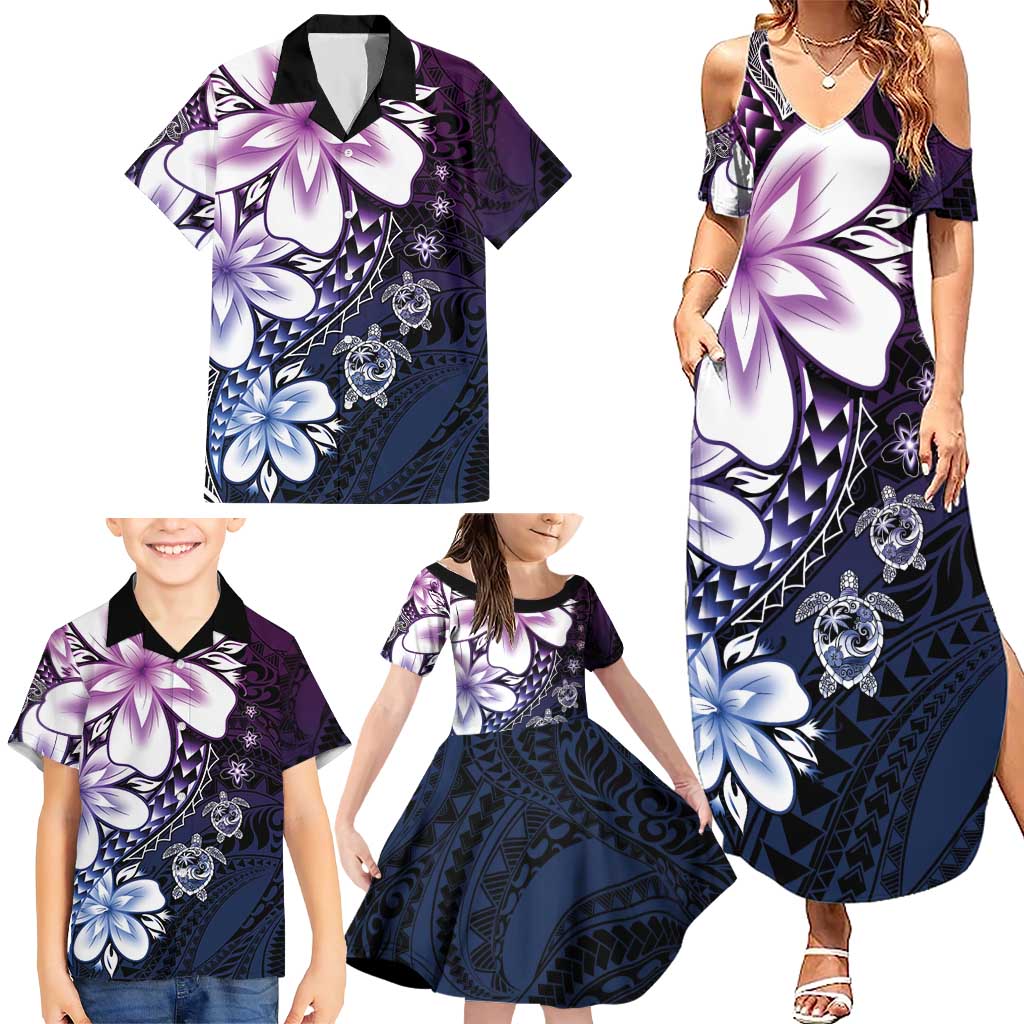 Polynesia Romantic Valentine Family Matching Summer Maxi Dress and Hawaiian Shirt Sea Turtle Couple With Purple Gradient Plumeria