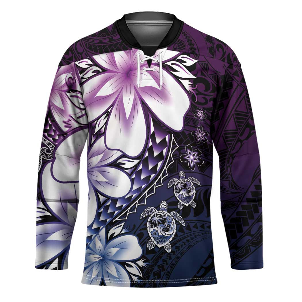 Polynesia Romantic Valentine Hockey Jersey Sea Turtle Couple With Purple Gradient Plumeria LT05 Unisex Purple - Polynesian Pride