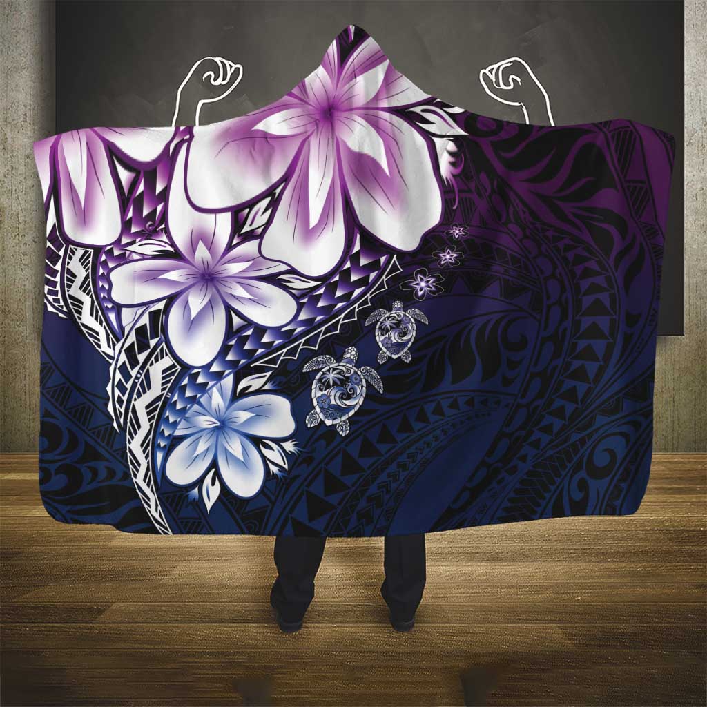 Polynesia Romantic Valentine Hooded Blanket Sea Turtle Couple With Purple Gradient Plumeria LT05 - Polynesian Pride