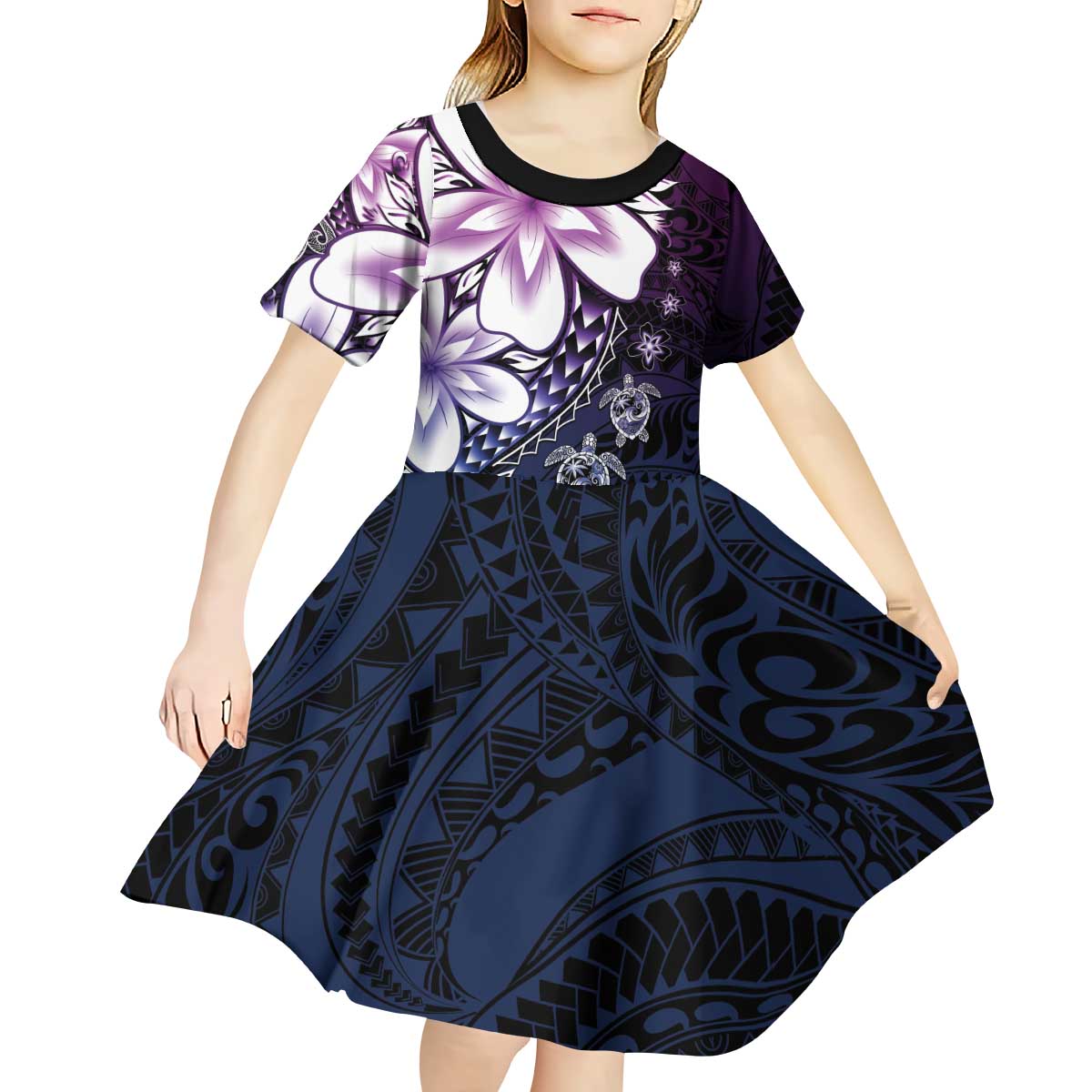 Polynesia Romantic Valentine Kid Short Sleeve Dress Sea Turtle Couple With Purple Gradient Plumeria LT05 - Polynesian Pride