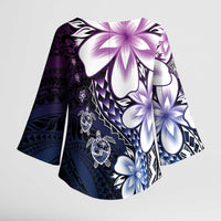 Polynesia Romantic Valentine Kimono Sleeve Blouse Sea Turtle Couple With Purple Gradient Plumeria