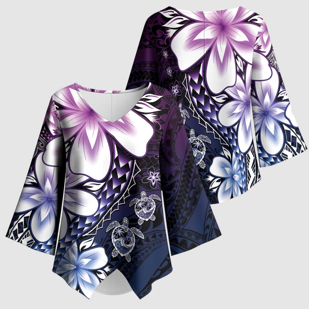 Polynesia Romantic Valentine Kimono Sleeve Blouse Sea Turtle Couple With Purple Gradient Plumeria