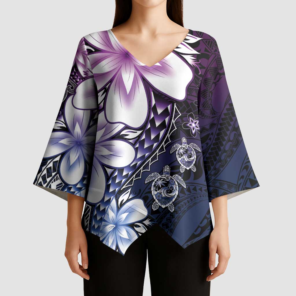 Polynesia Romantic Valentine Kimono Sleeve Blouse Sea Turtle Couple With Purple Gradient Plumeria