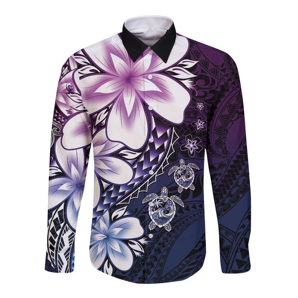 Polynesia Romantic Valentine Long Sleeve Button Shirt Sea Turtle Couple With Purple Gradient Plumeria