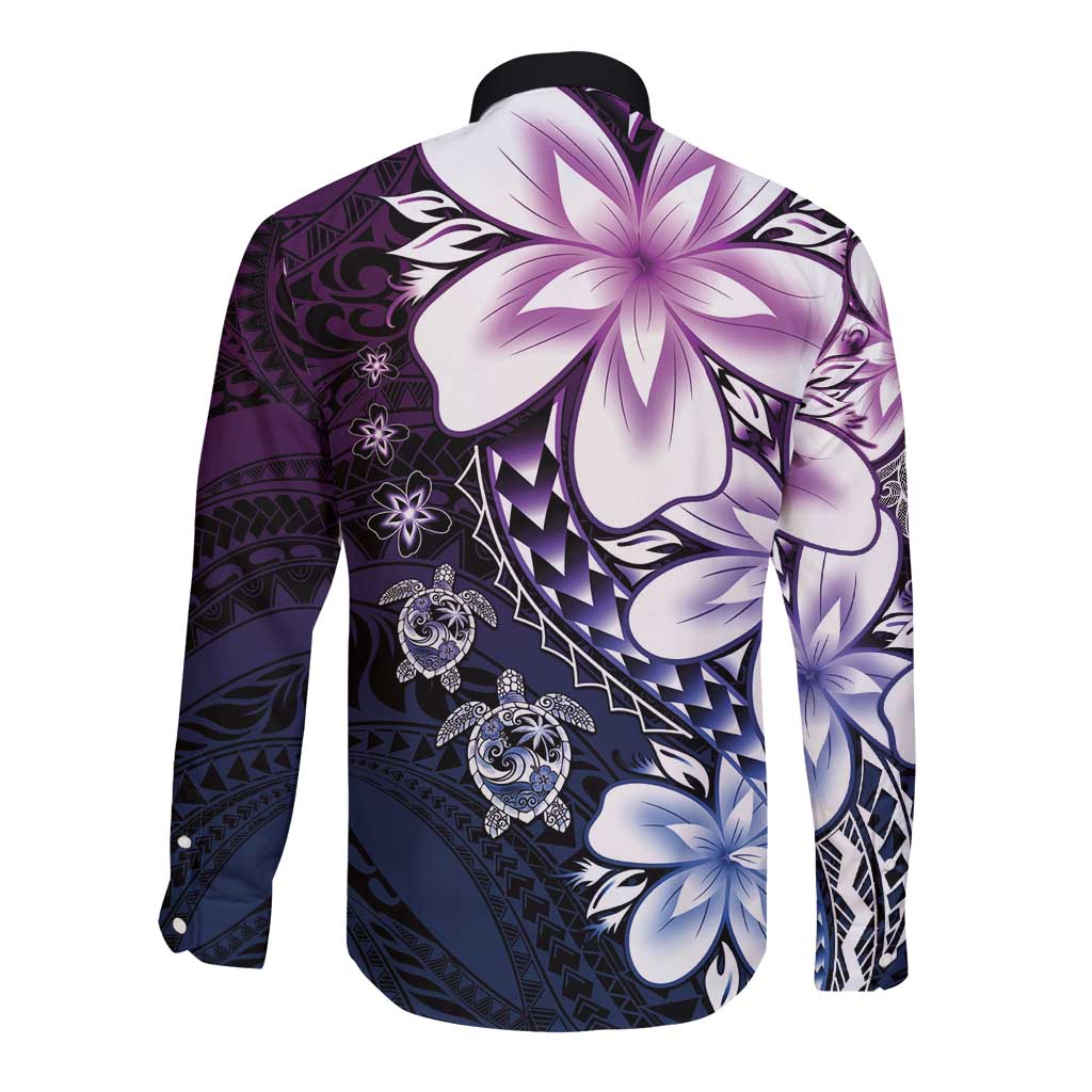 Polynesia Romantic Valentine Long Sleeve Button Shirt Sea Turtle Couple With Purple Gradient Plumeria