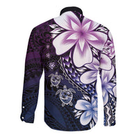 Polynesia Romantic Valentine Long Sleeve Button Shirt Sea Turtle Couple With Purple Gradient Plumeria