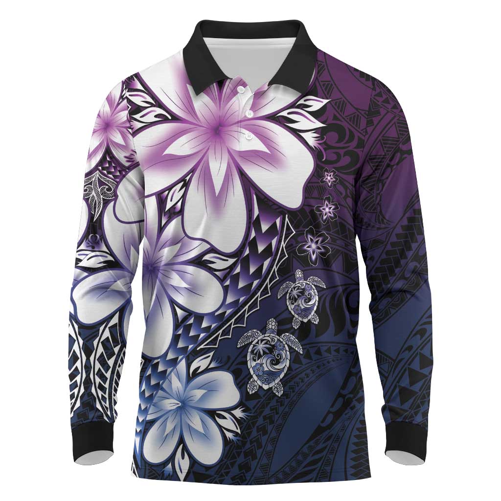 Polynesia Romantic Valentine Long Sleeve Polo Shirt Sea Turtle Couple With Purple Gradient Plumeria LT05 Purple - Polynesian Pride