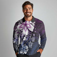 Polynesia Romantic Valentine Long Sleeve Polo Shirt Sea Turtle Couple With Purple Gradient Plumeria LT05 - Polynesian Pride