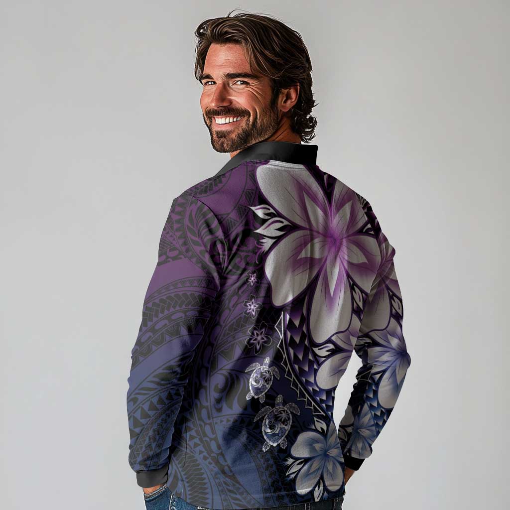 Polynesia Romantic Valentine Long Sleeve Polo Shirt Sea Turtle Couple With Purple Gradient Plumeria LT05 - Polynesian Pride