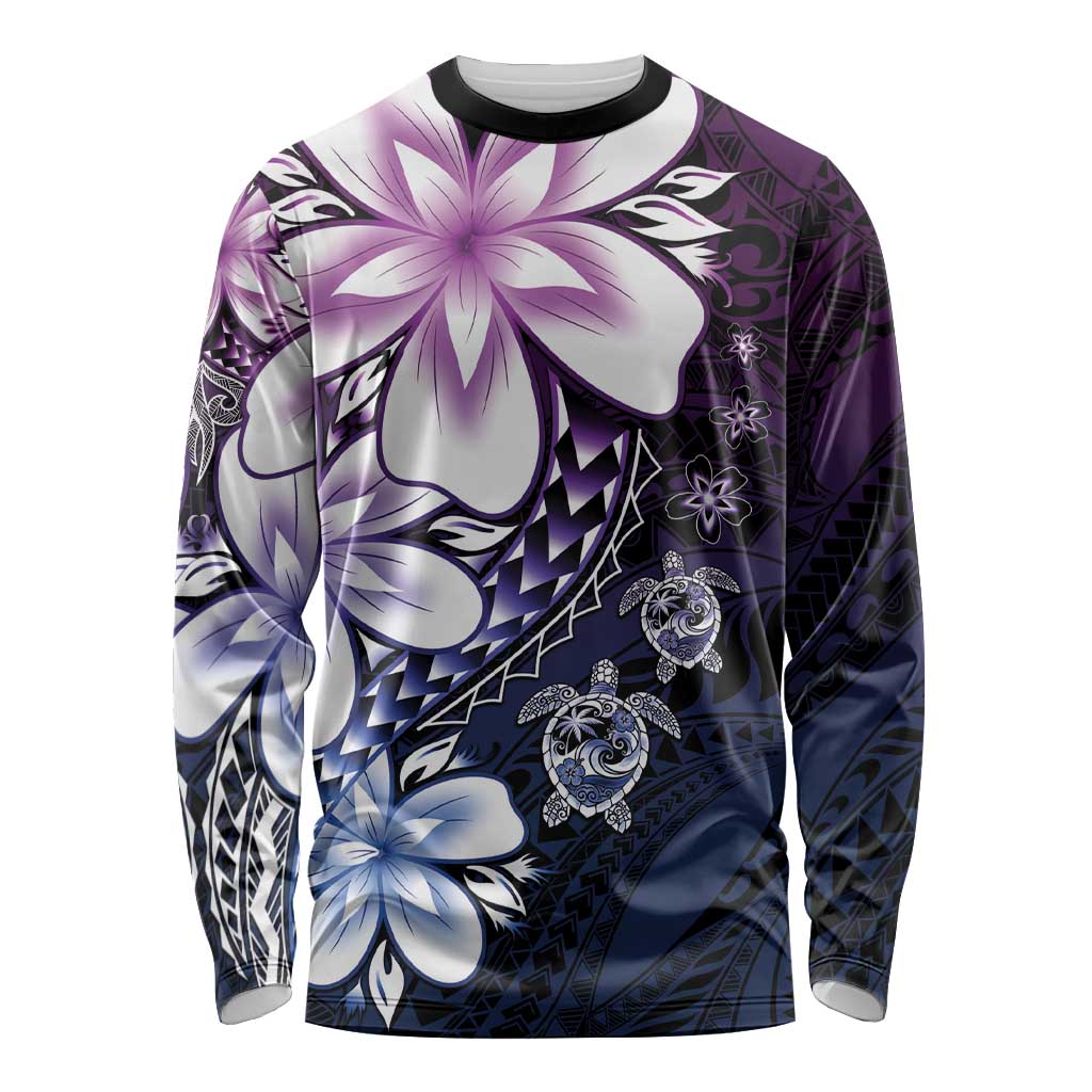 Polynesia Romantic Valentine Long Sleeve Shirt Sea Turtle Couple With Purple Gradient Plumeria LT05 Unisex Purple - Polynesian Pride