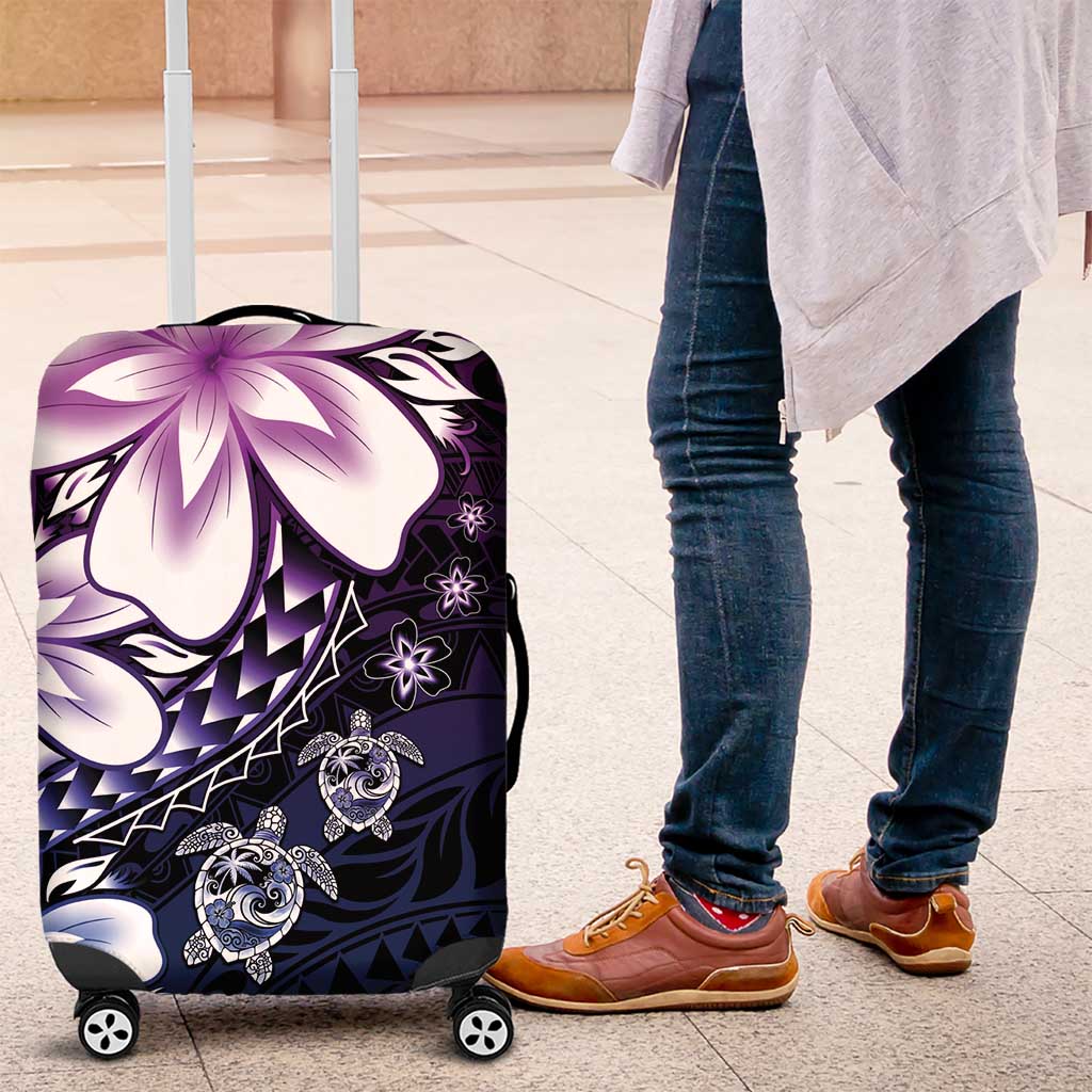 Polynesia Romantic Valentine Luggage Cover Sea Turtle Couple With Purple Gradient Plumeria LT05 Purple - Polynesian Pride