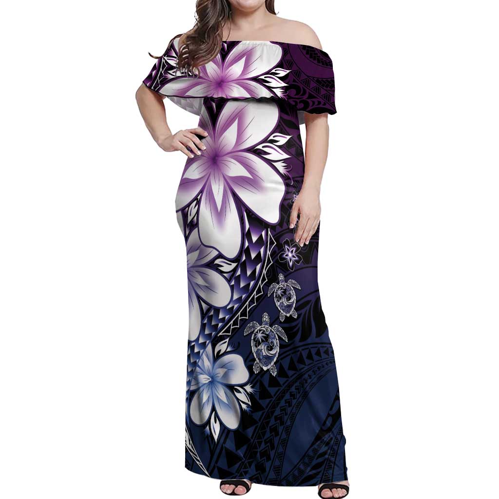 Polynesia Romantic Valentine Off Shoulder Maxi Dress Sea Turtle Couple With Purple Gradient Plumeria LT05 Women Purple - Polynesian Pride