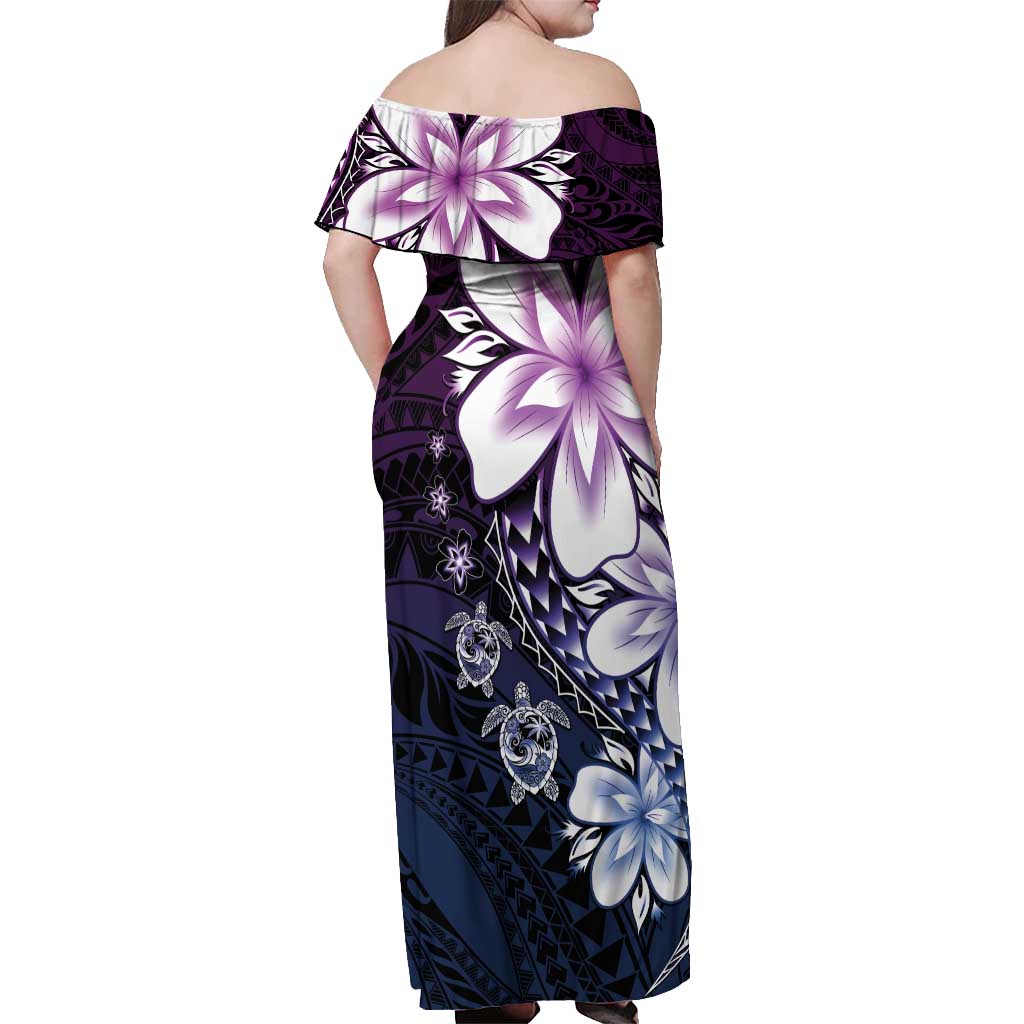 Polynesia Romantic Valentine Off Shoulder Maxi Dress Sea Turtle Couple With Purple Gradient Plumeria LT05 - Polynesian Pride