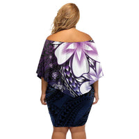 Polynesia Romantic Valentine Off Shoulder Short Dress Sea Turtle Couple With Purple Gradient Plumeria