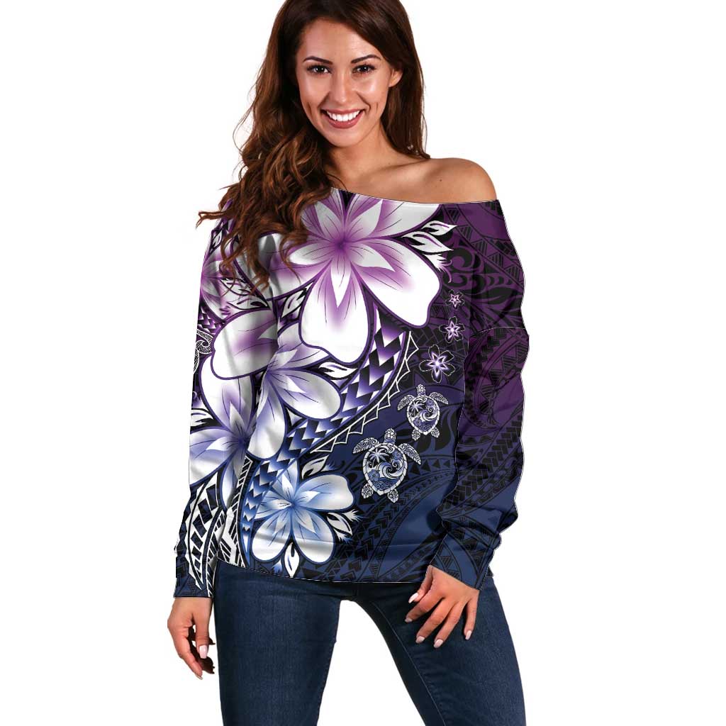 Polynesia Romantic Valentine Off Shoulder Sweater Sea Turtle Couple With Purple Gradient Plumeria LT05 Women Purple - Polynesian Pride