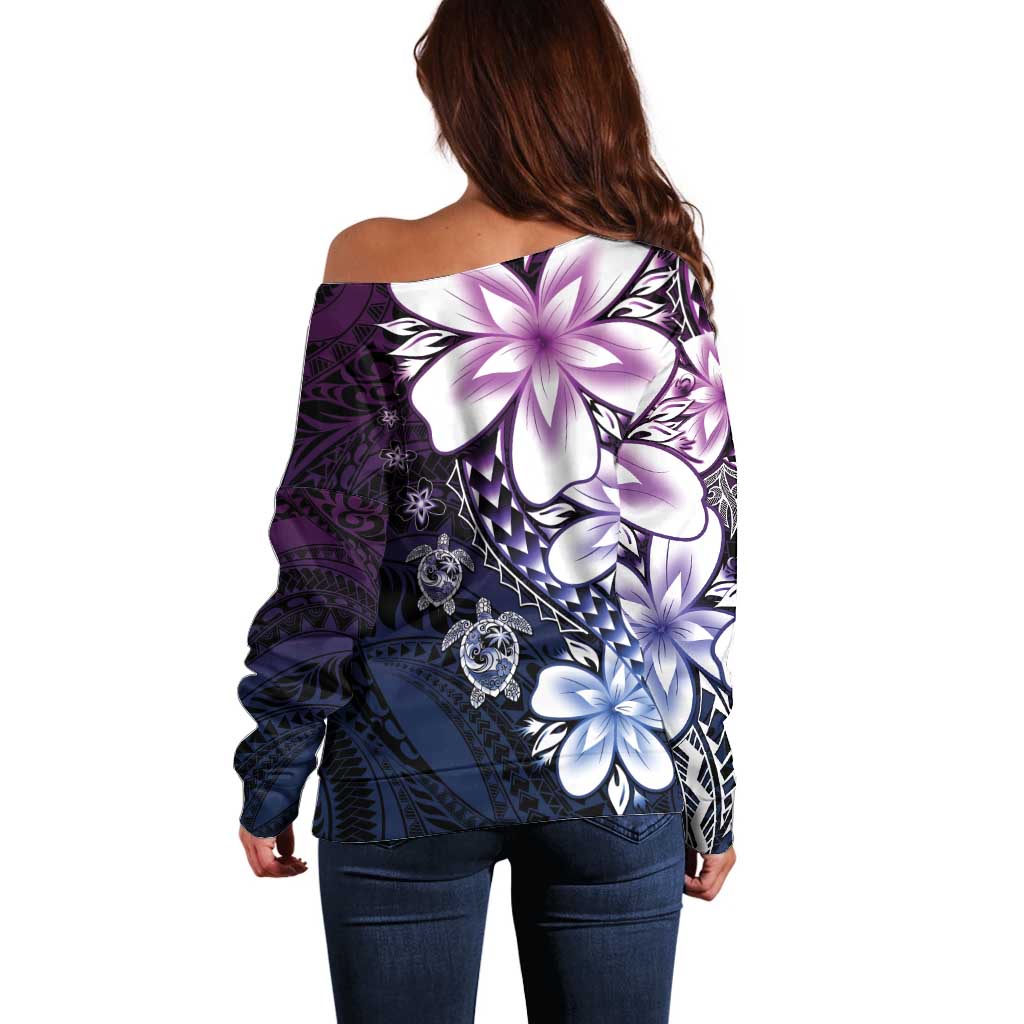 Polynesia Romantic Valentine Off Shoulder Sweater Sea Turtle Couple With Purple Gradient Plumeria LT05 - Polynesian Pride