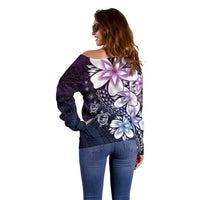 Polynesia Romantic Valentine Off Shoulder Sweater Sea Turtle Couple With Purple Gradient Plumeria LT05 - Polynesian Pride