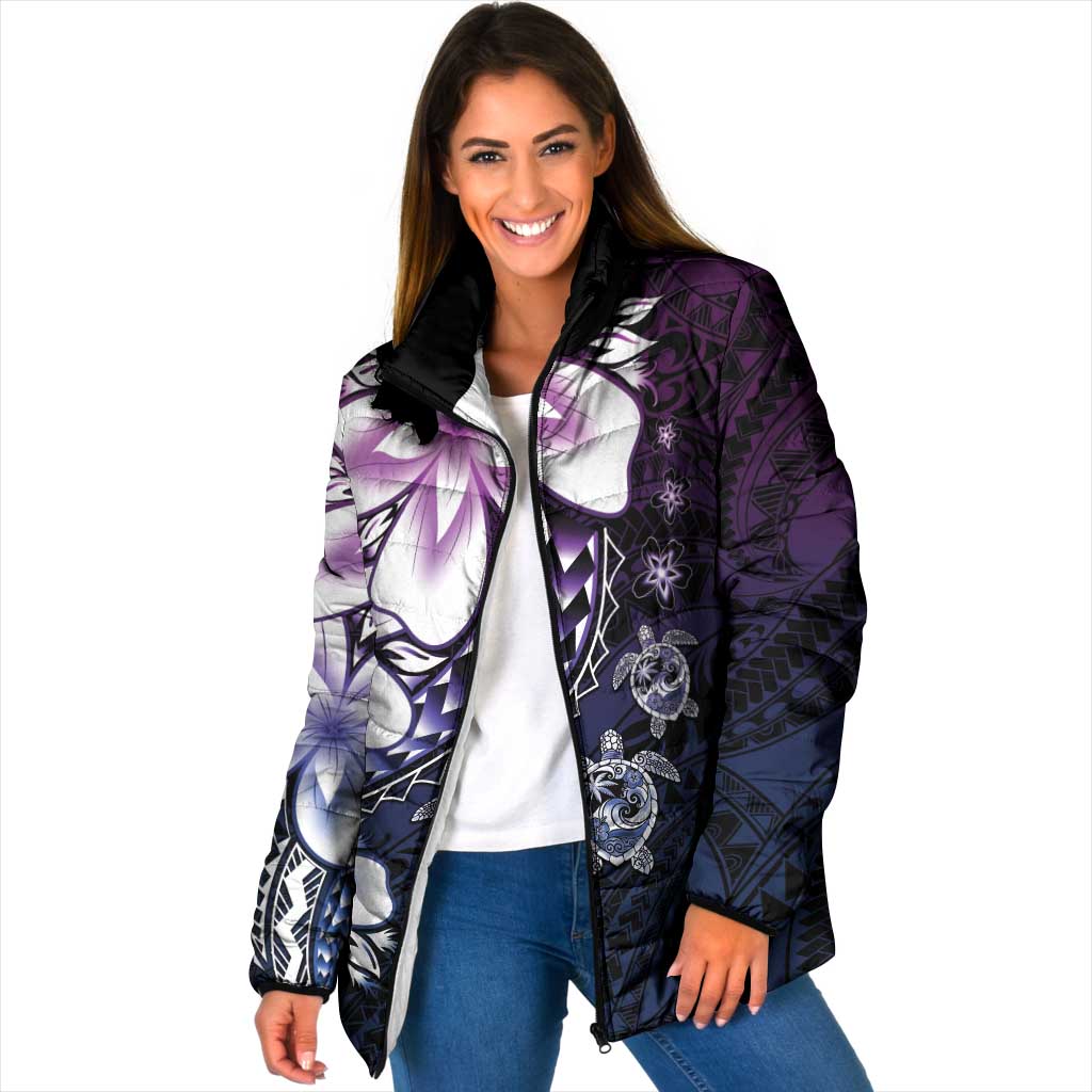 Polynesia Romantic Valentine Padded Jacket Sea Turtle Couple With Purple Gradient Plumeria LT05 Women Purple - Polynesian Pride