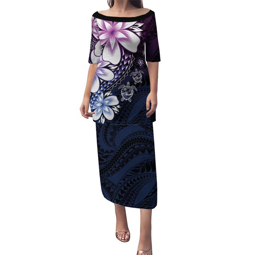 Polynesia Romantic Valentine Puletasi Sea Turtle Couple With Purple Gradient Plumeria LT05 Long Dress Purple - Polynesian Pride