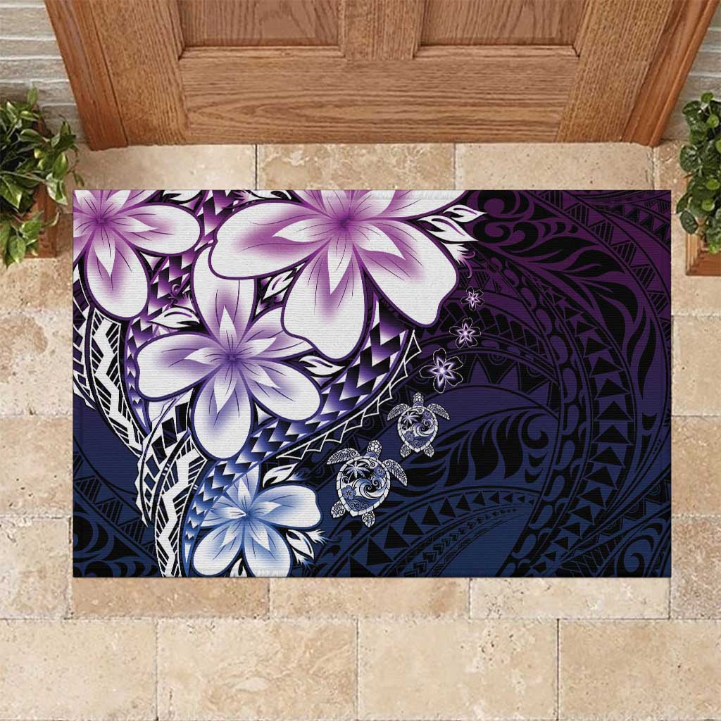 Polynesia Romantic Valentine Rubber Doormat Sea Turtle Couple With Purple Gradient Plumeria