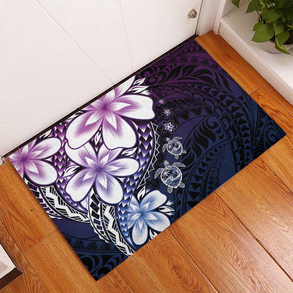 Polynesia Romantic Valentine Rubber Doormat Sea Turtle Couple With Purple Gradient Plumeria