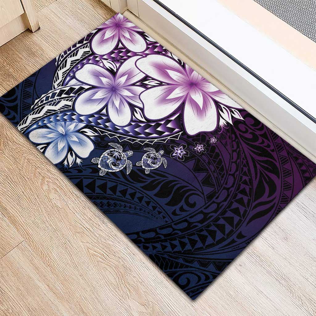 Polynesia Romantic Valentine Rubber Doormat Sea Turtle Couple With Purple Gradient Plumeria