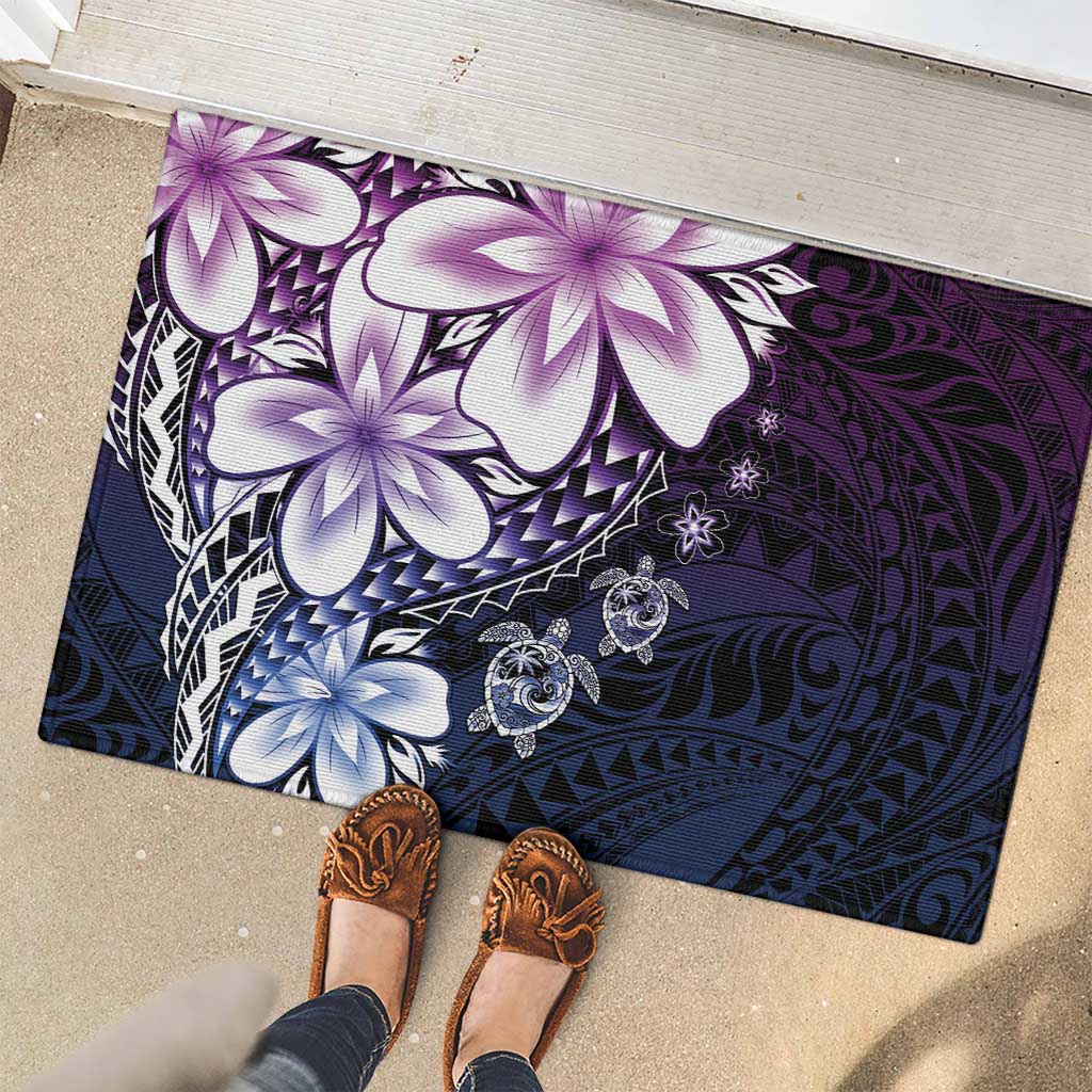 Polynesia Romantic Valentine Rubber Doormat Sea Turtle Couple With Purple Gradient Plumeria