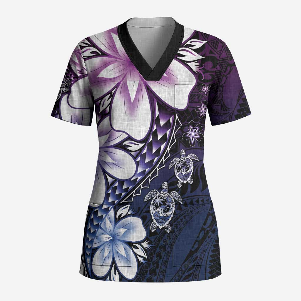 Polynesia Romantic Valentine Scrub Top Sea Turtle Couple With Purple Gradient Plumeria LT05 Adult Purple - Polynesian Pride