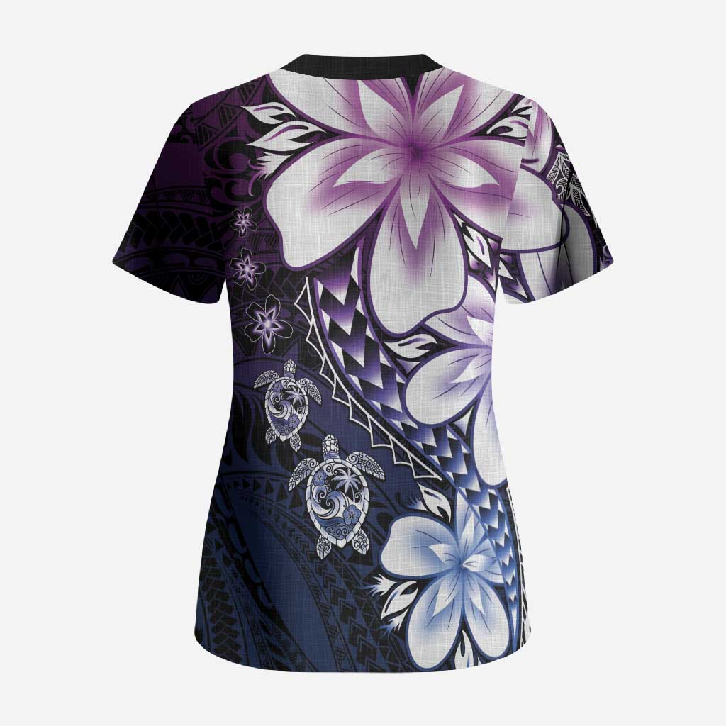 Polynesia Romantic Valentine Scrub Top Sea Turtle Couple With Purple Gradient Plumeria LT05 - Polynesian Pride