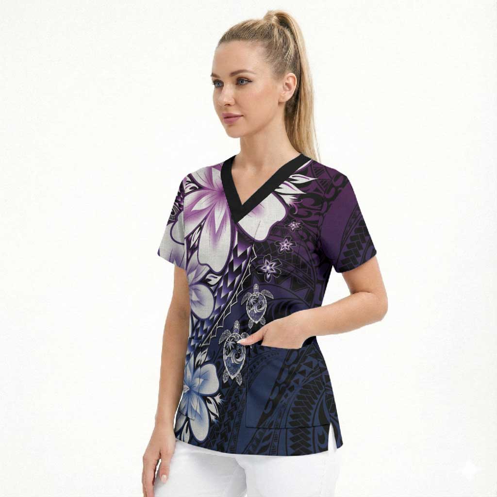 Polynesia Romantic Valentine Scrub Top Sea Turtle Couple With Purple Gradient Plumeria LT05 - Polynesian Pride
