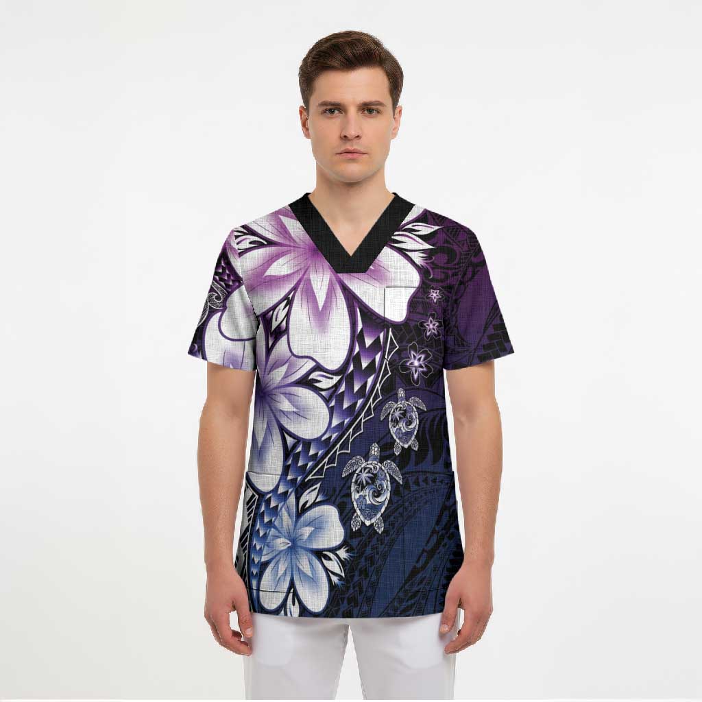 Polynesia Romantic Valentine Scrub Top Sea Turtle Couple With Purple Gradient Plumeria LT05 - Polynesian Pride