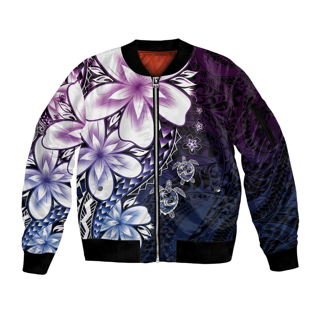 Polynesia Romantic Valentine Sleeve Zip Bomber Jacket Sea Turtle Couple With Purple Gradient Plumeria LT05 Unisex Purple - Polynesian Pride