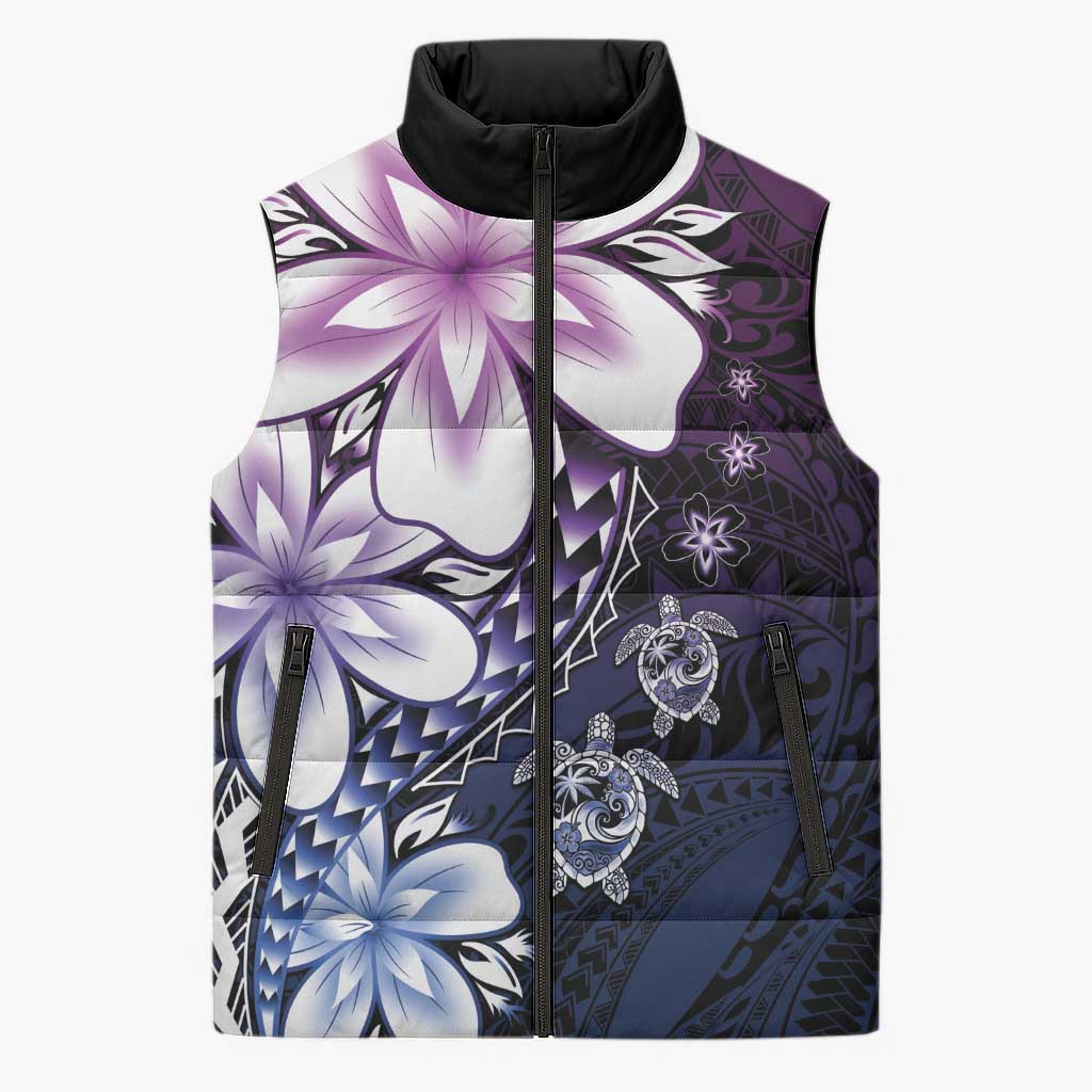 Polynesia Romantic Valentine Sleeveless Puffer Jacket Sea Turtle Couple With Purple Gradient Plumeria LT05 Unisex Purple - Polynesian Pride