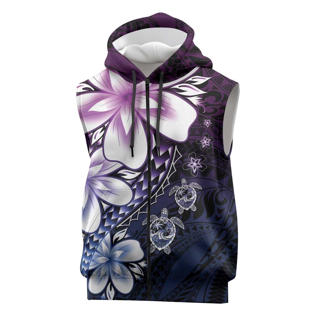 Polynesia Romantic Valentine Sleeveless Zip Hoodie Sea Turtle Couple With Purple Gradient Plumeria LT05 Purple - Polynesian Pride