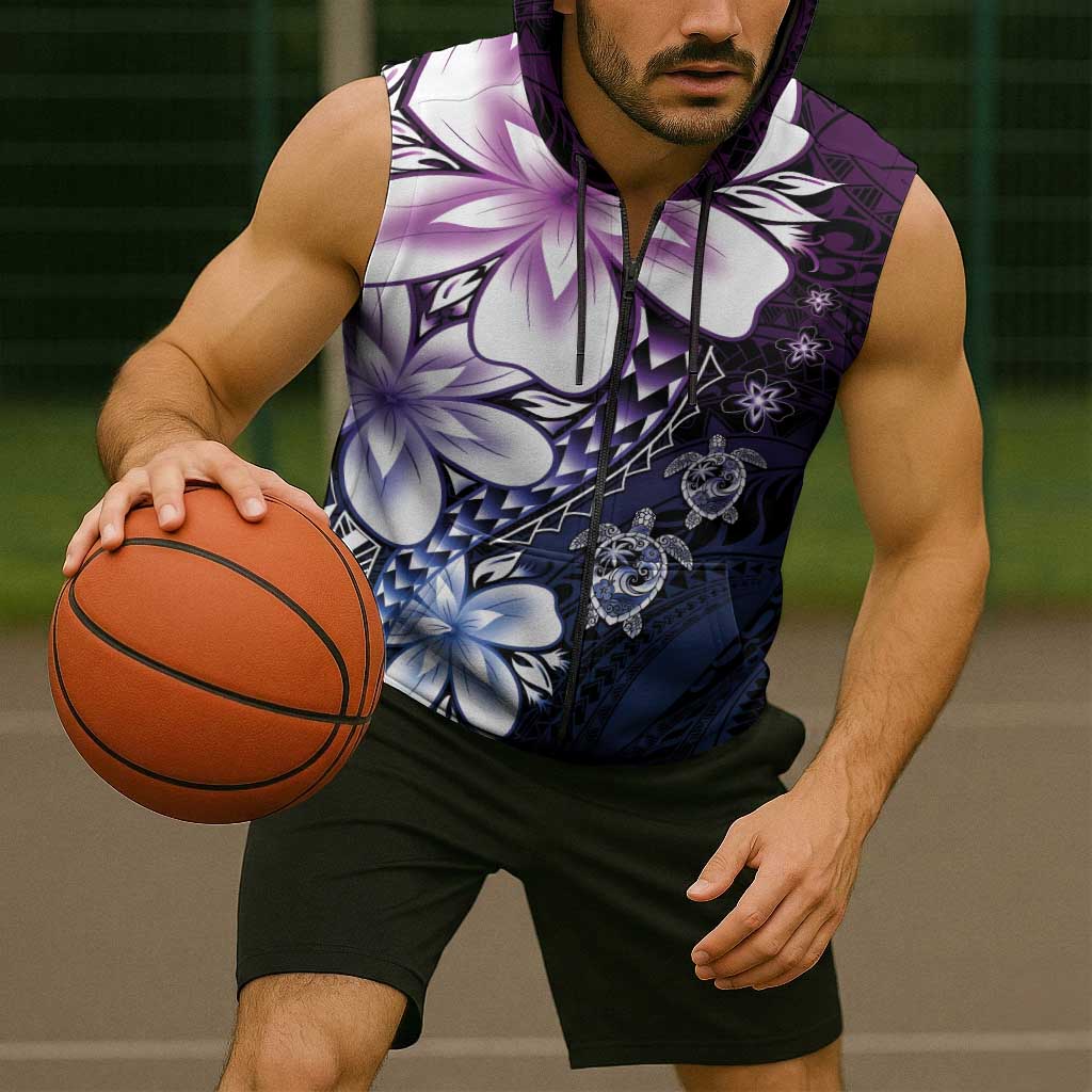 Polynesia Romantic Valentine Sleeveless Zip Hoodie Sea Turtle Couple With Purple Gradient Plumeria LT05 - Polynesian Pride