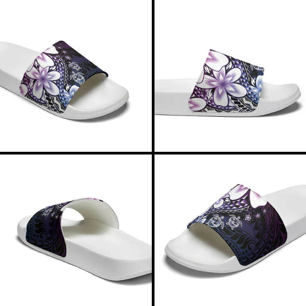 Polynesia Romantic Valentine Slide Sandals Sea Turtle Couple With Purple Gradient Plumeria LT05 - Polynesian Pride