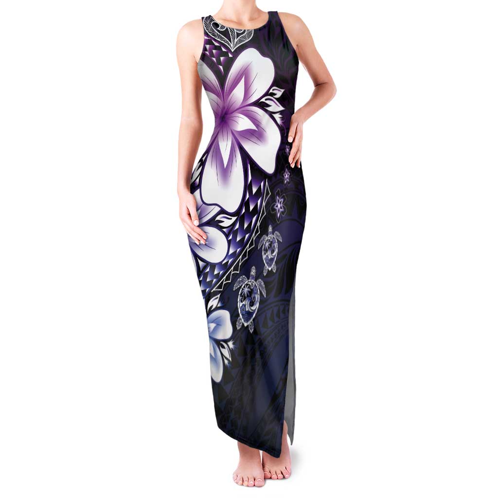 Polynesia Romantic Valentine Tank Maxi Dress Sea Turtle Couple With Purple Gradient Plumeria LT05 Women Purple - Polynesian Pride