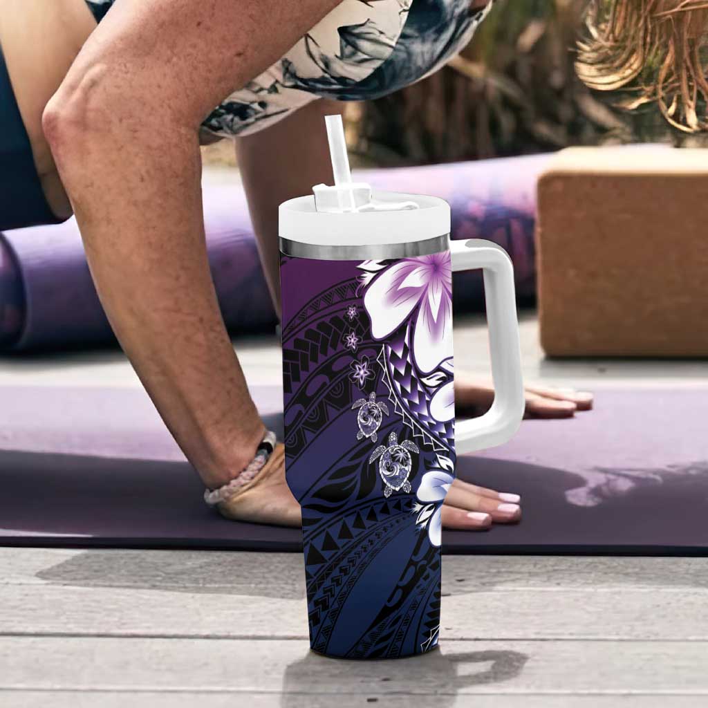 Polynesia Romantic Valentine Tumbler With Handle Sea Turtle Couple With Purple Gradient Plumeria LT05 - Polynesian Pride