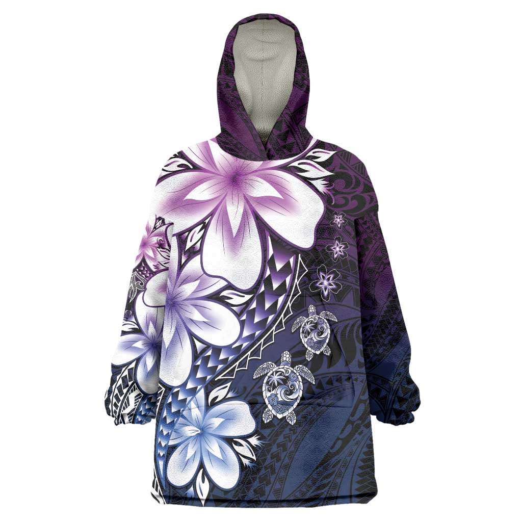 Polynesia Romantic Valentine Wearable Blanket Hoodie Sea Turtle Couple With Purple Gradient Plumeria LT05 One Size Purple - Polynesian Pride