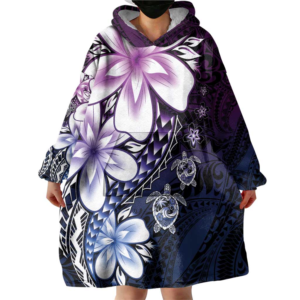 Polynesia Romantic Valentine Wearable Blanket Hoodie Sea Turtle Couple With Purple Gradient Plumeria LT05 - Polynesian Pride