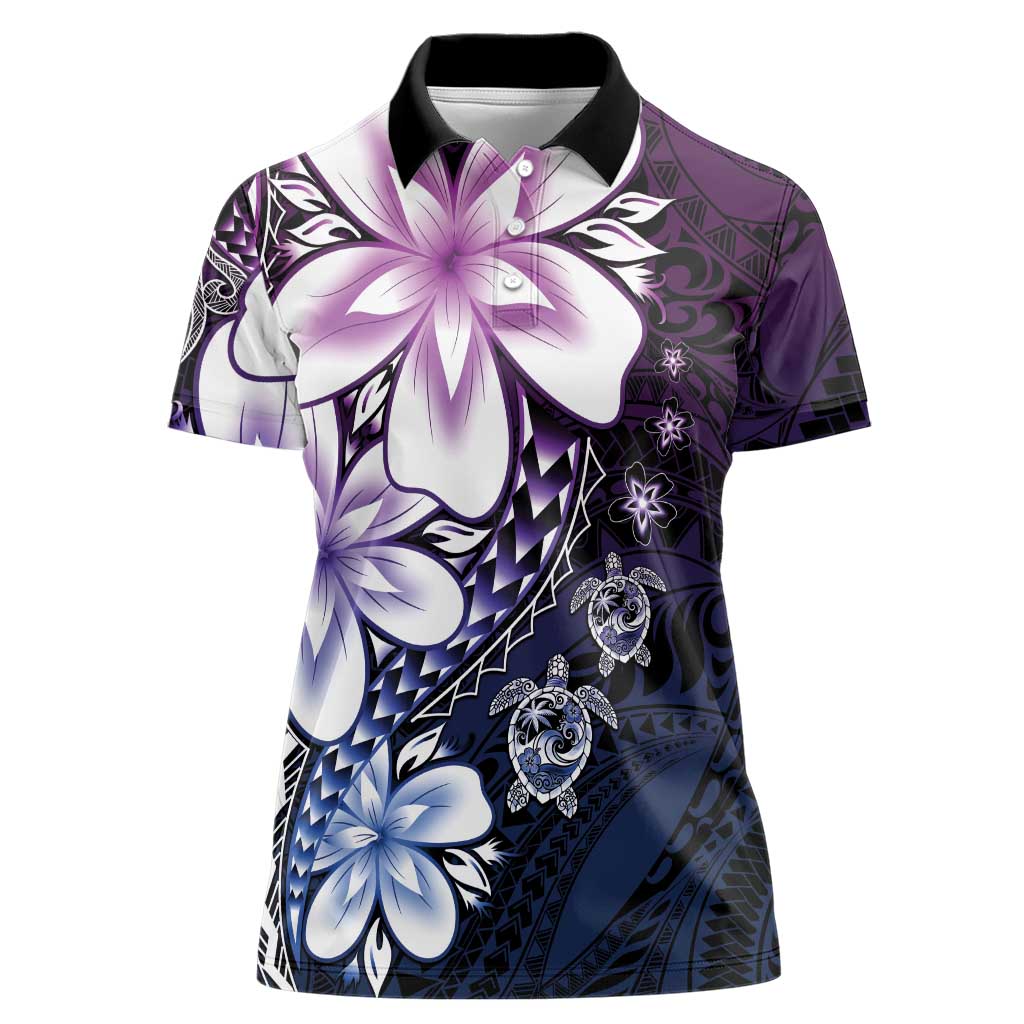 Polynesia Romantic Valentine Women Polo Shirt Sea Turtle Couple With Purple Gradient Plumeria LT05 Female Purple - Polynesian Pride