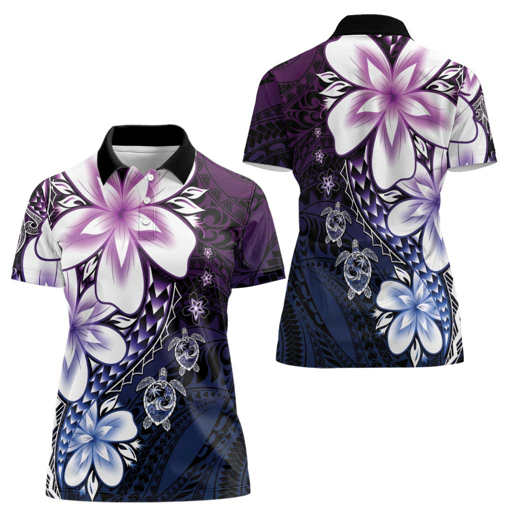 Polynesia Romantic Valentine Women Polo Shirt Sea Turtle Couple With Purple Gradient Plumeria LT05 - Polynesian Pride