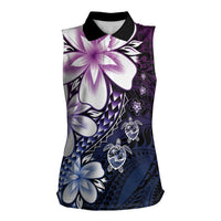 Polynesia Romantic Valentine Women Sleeveless Polo Shirt Sea Turtle Couple With Purple Gradient Plumeria LT05 Female Purple - Polynesian Pride