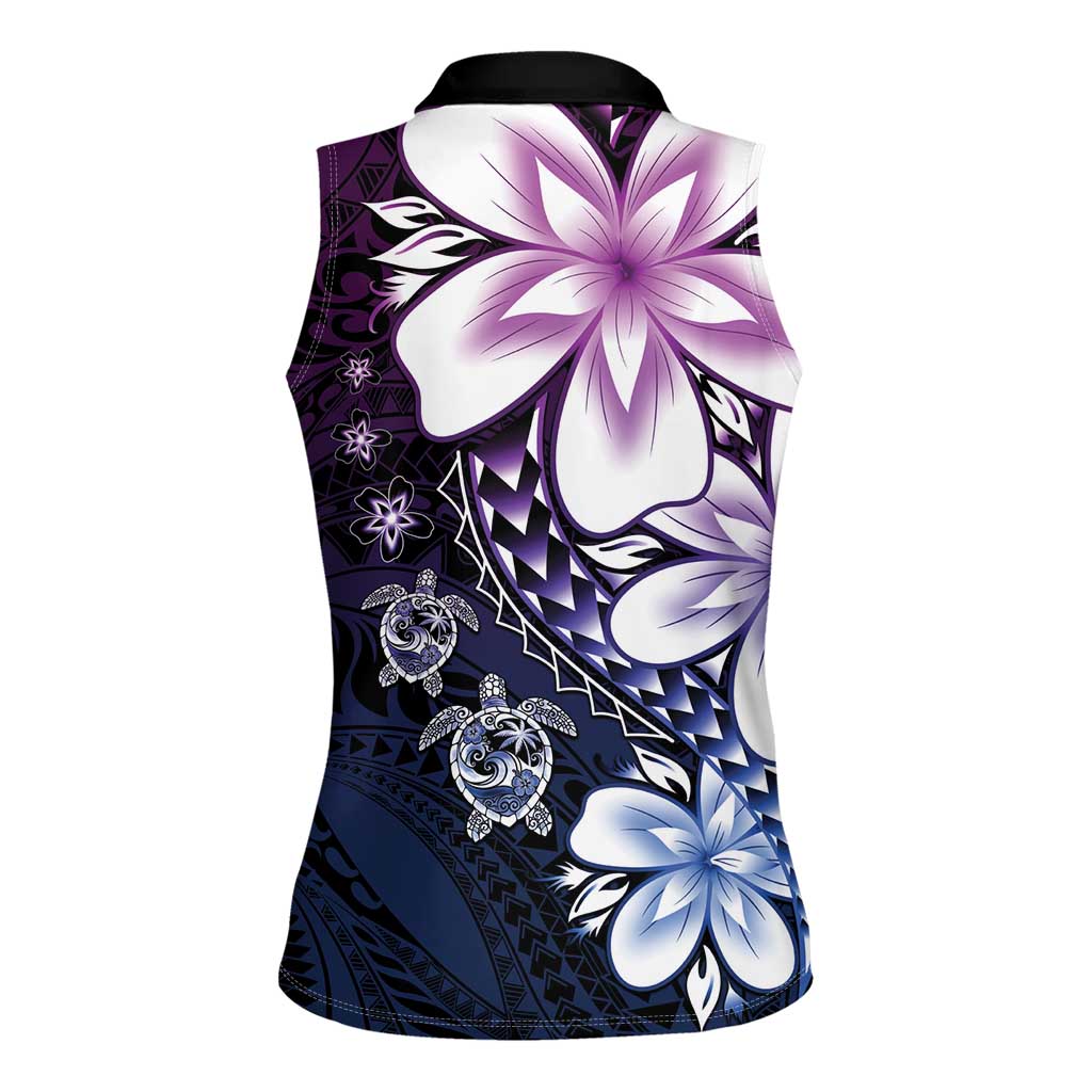 Polynesia Romantic Valentine Women Sleeveless Polo Shirt Sea Turtle Couple With Purple Gradient Plumeria LT05 - Polynesian Pride