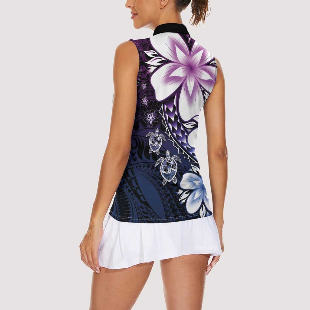 Polynesia Romantic Valentine Women Sleeveless Polo Shirt Sea Turtle Couple With Purple Gradient Plumeria LT05 - Polynesian Pride