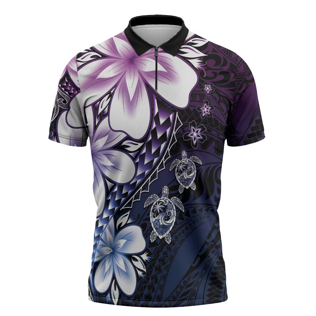 Polynesia Romantic Valentine Zipper Polo Shirt Sea Turtle Couple With Purple Gradient Plumeria LT05 Purple - Polynesian Pride