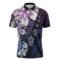 Polynesia Romantic Valentine Zipper Polo Shirt Sea Turtle Couple With Purple Gradient Plumeria LT05 Purple - Polynesian Pride