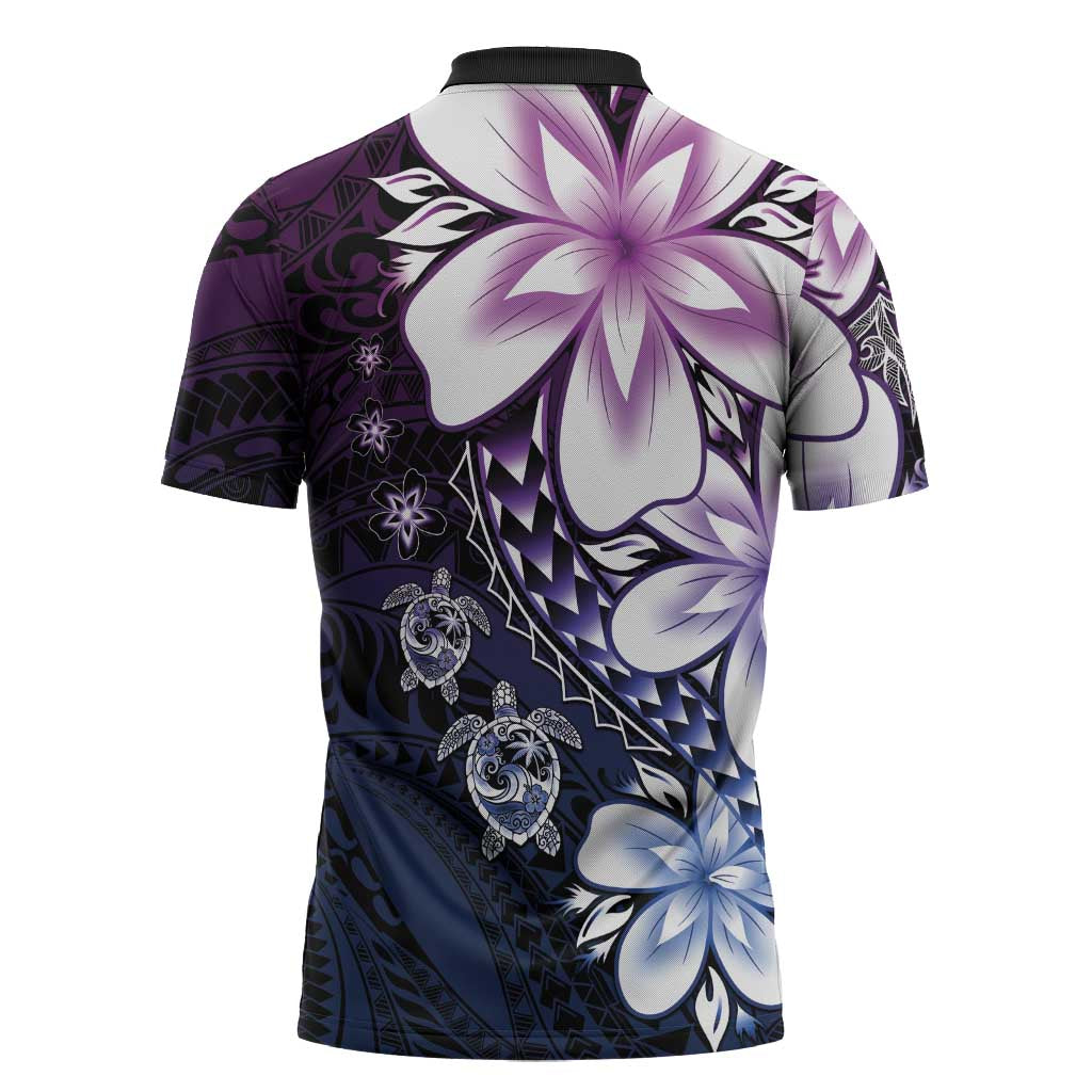 Polynesia Romantic Valentine Zipper Polo Shirt Sea Turtle Couple With Purple Gradient Plumeria LT05 - Polynesian Pride