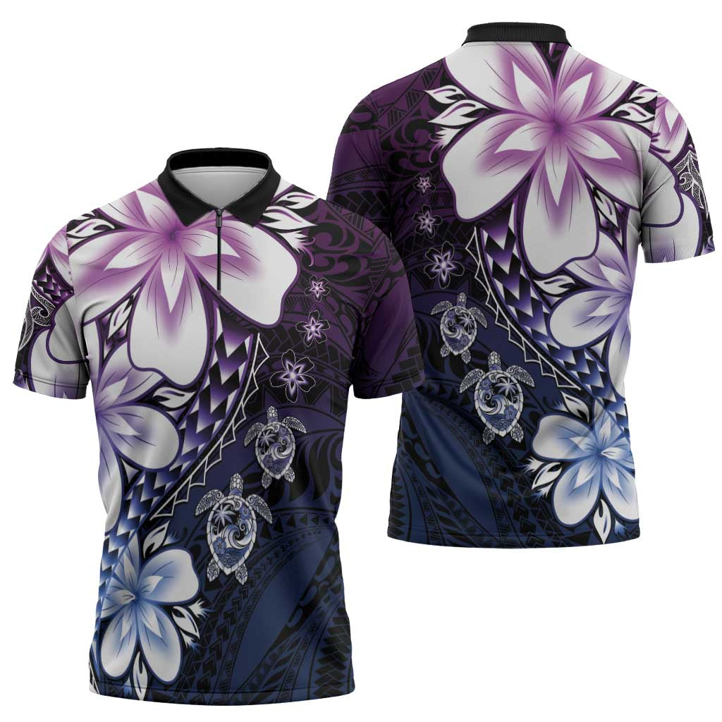 Polynesia Romantic Valentine Zipper Polo Shirt Sea Turtle Couple With Purple Gradient Plumeria LT05 - Polynesian Pride